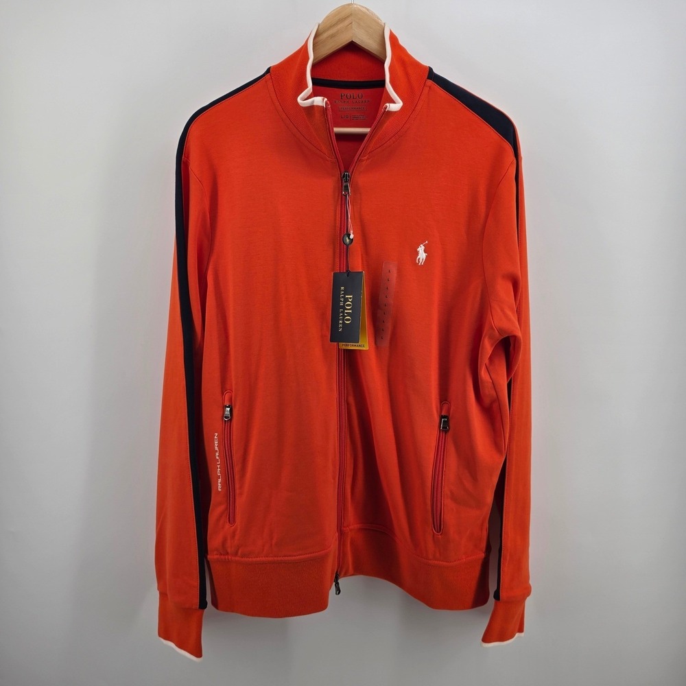 Polo Ralph Lauren Performance Men Orange Navy Blue Stripe Track Jacket Large NWT
